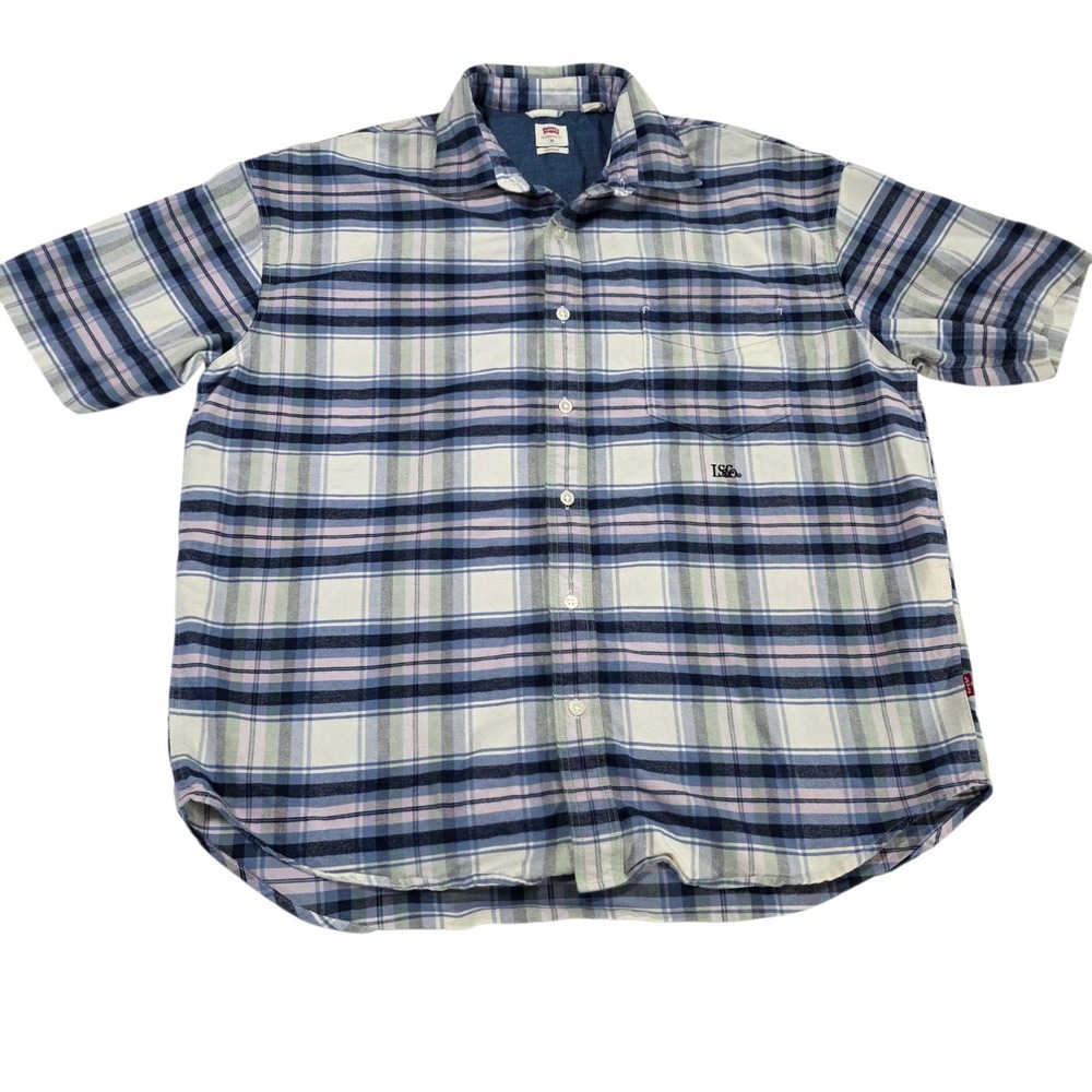 Levi's Plaid Short Sleeve Oversized Casual Button Down Shirt‎ M Blue Flannel